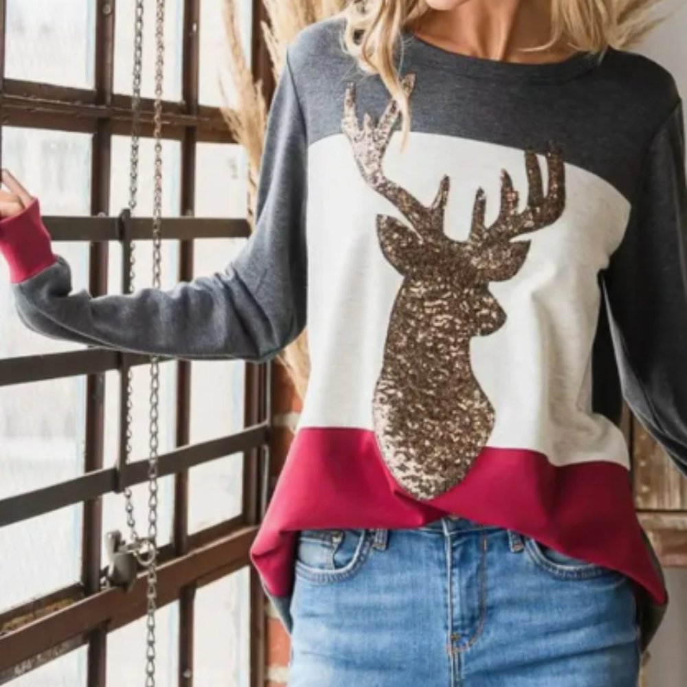 Solid Color Block Top With Reindeer Gold Sequin Patch, Boutique Christmas Tunic
